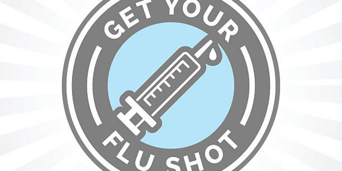 Get your flu shot vaccine sign with blue, grey and white syringe icon badge. Vector illustration.